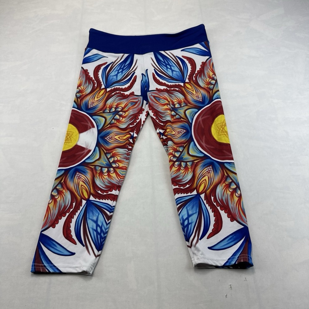 Wynterco Womens L Colorful Floral Capri Leggings Blue Waist Stretch